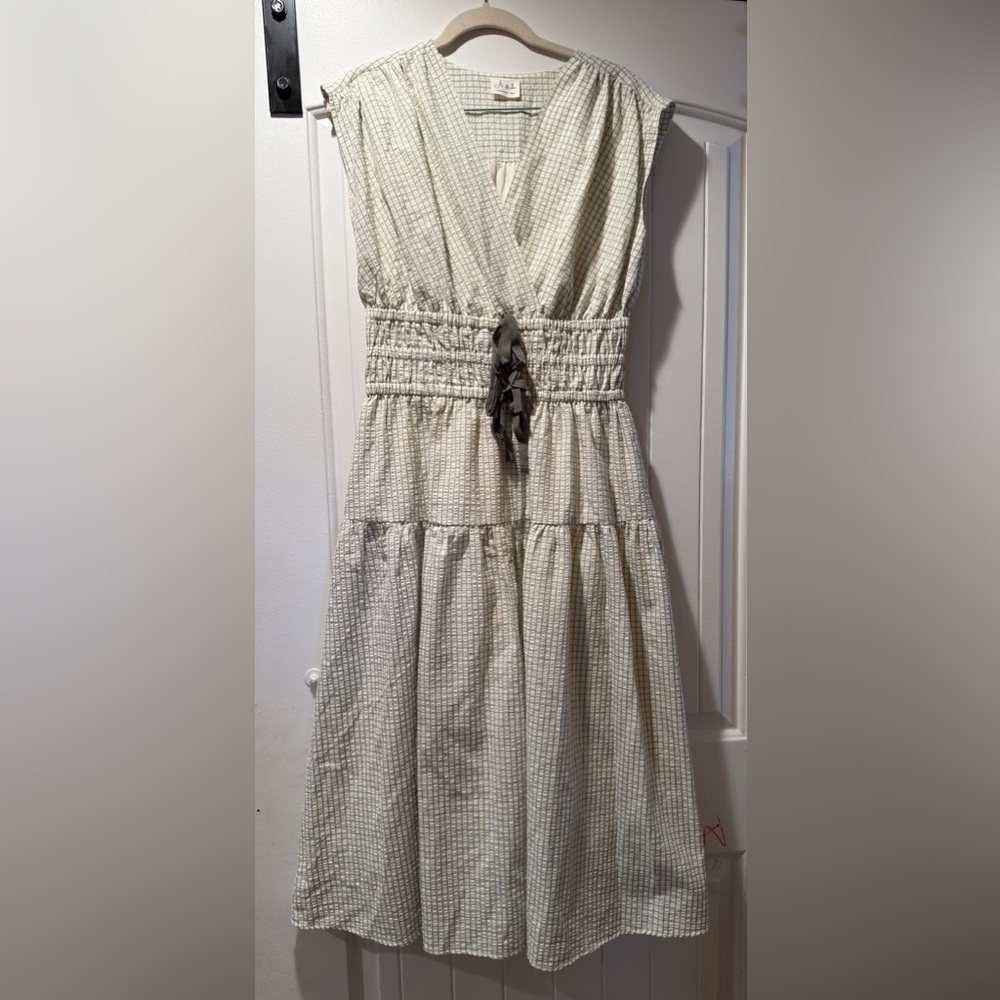 Green Check Midi Dress with Smocked Waist